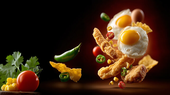 Culinary Symphony: A tantalizing display of floating fried eggs, chicken strips, and fresh ingredients, artfully arranged against a dark backdrop, inviting viewers into a world of culinary delights.