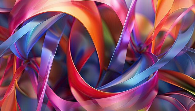 An abstract image featuring vibrant, translucent ribbons in shades of pink, orange, blue, and purple, intricately woven and swirling to create a dynamic, almost three-dimensional effect.  