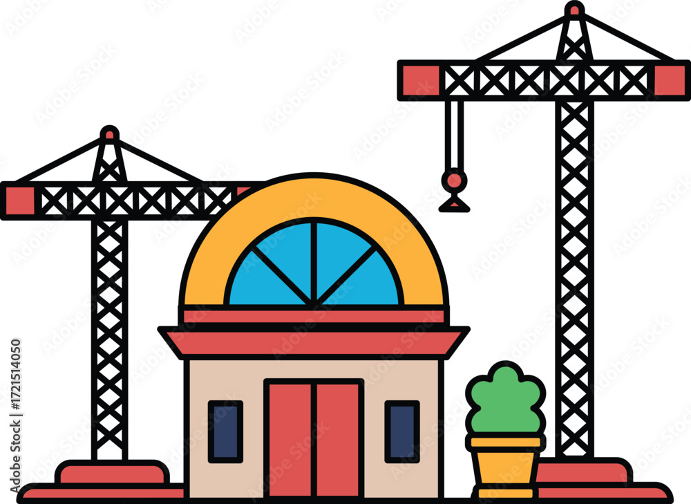 Poster a building with two cranes in front of it