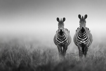 Fototapeta premium Two zebras, silhouetted against a foggy landscape, move forward in a serene monochrome image.