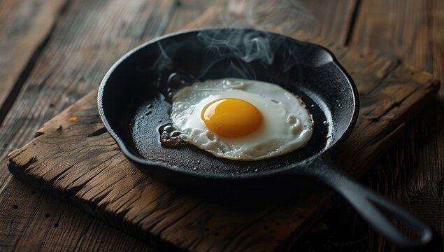 A single fried egg with a runny yolk sits in a dark cast iron skillet on a rustic wooden surface. Steam rises from the hot egg