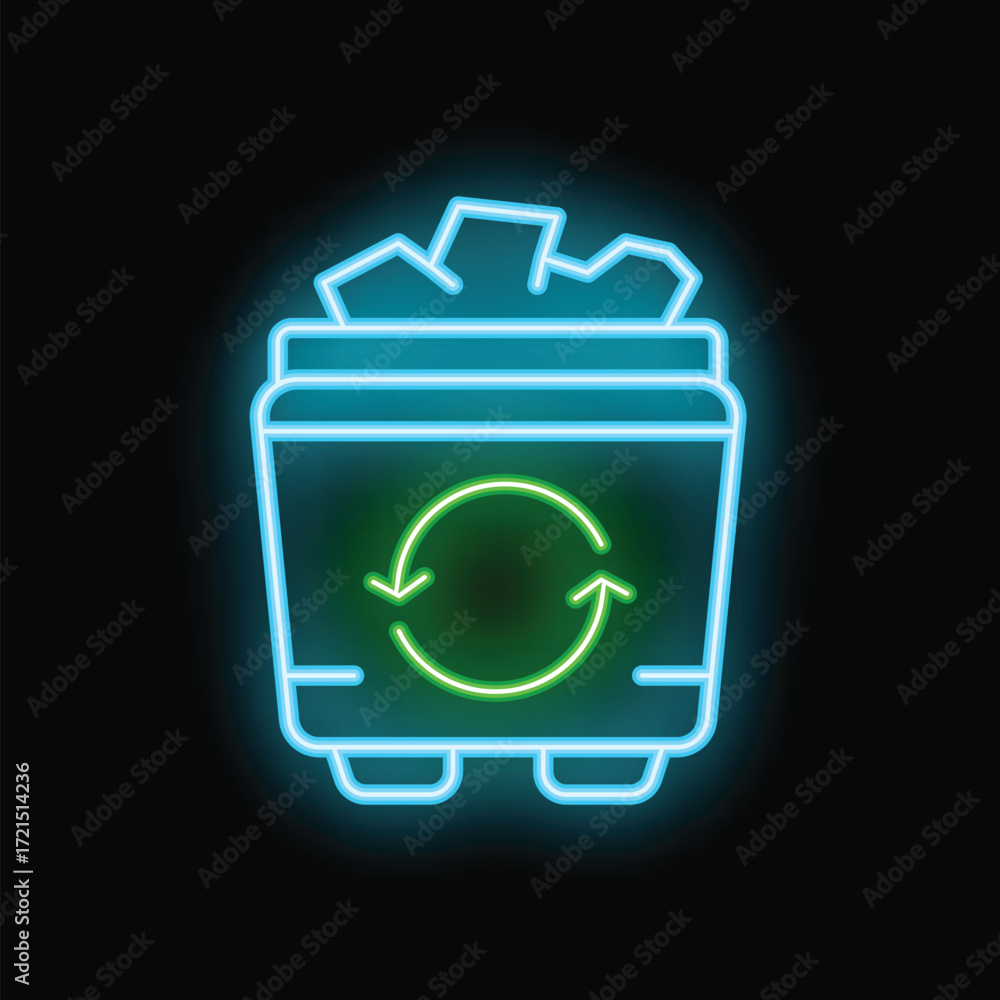 Poster glowing neon line recycle bin with papers icon isolated on black background. trash can icon. garbage