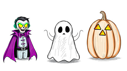 Halloween pumpkin, ghost and dracula. Vector illustration.