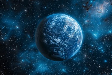 Obraz premium Realistic earth planet surrounded by a blue atmosphere against a starry space background