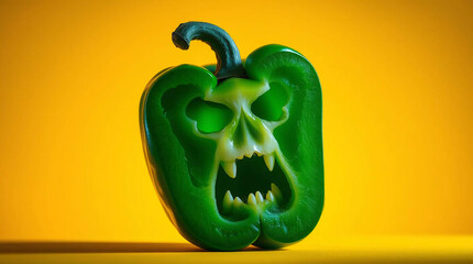 macro studio photo of a halved green bell pepper shaped like a screaming face, interior forming eye holes and an open mouth with visible seeds like teeth.