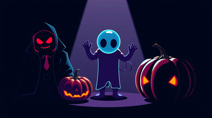 Halloween background with ghost and pumpkins. Vector illustration in neon style.