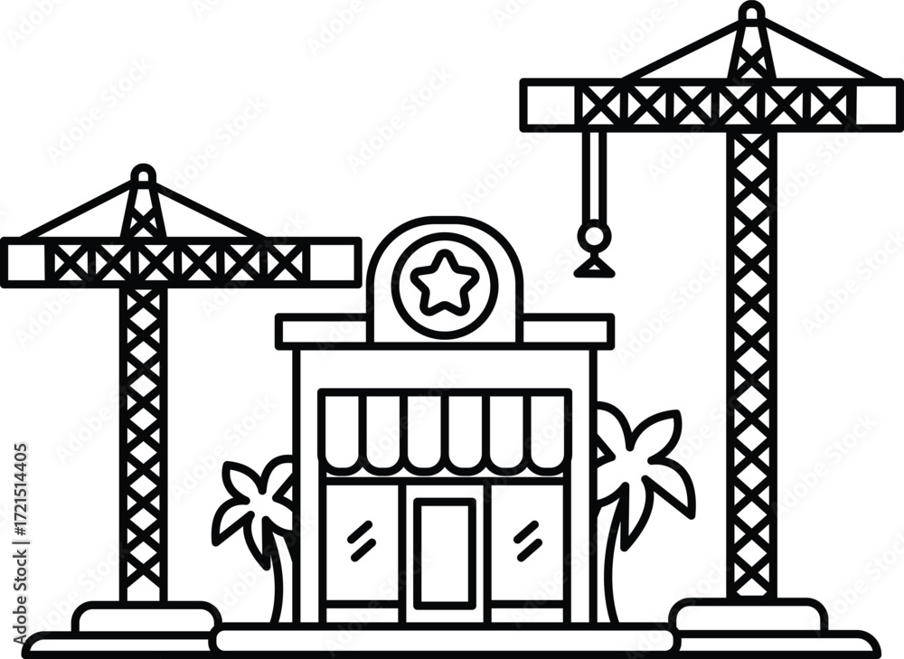 Poster a building with a star on it and two cranes in the background