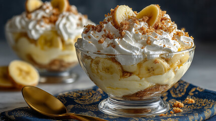 A serving of Magnolia banana pudding in a small clear dessert cup. Topped with bananas, whipped pudding, and Nilla wafers, garnished with crushed wafers and a banana slice. Served on a vintage napkin 