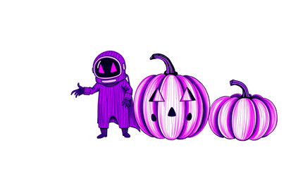 Halloween pumpkins and astronaut on white background. Vector illustration.