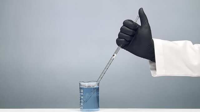 Filling and emptying a glass pipette with blue liquid in a beaker