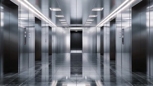 High-rise building corridor with multiple elevators