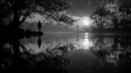 Silhouette by the calm water at sunset with reflections of nature