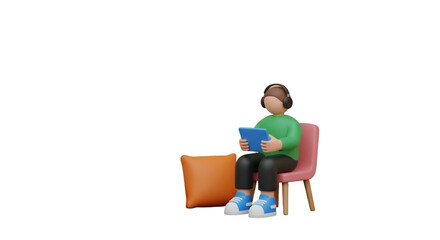 3D Character Relaxing with Tablet and Headphones