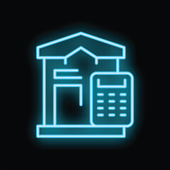 Glowing neon blue bank building with calculator symbolizes financial transactions, accounting, and economic activities