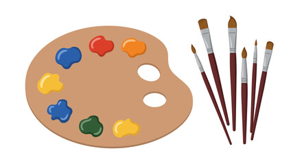Colorful Illustration of Artist's Palette with Paints and Paintbrushes Set on White