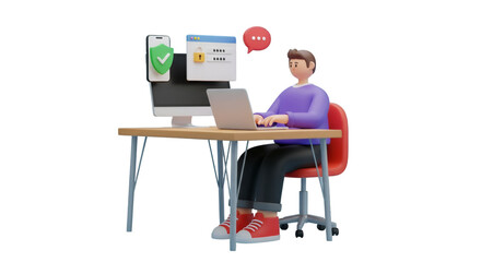 3D Character Working on Cybersecurity at Desk
