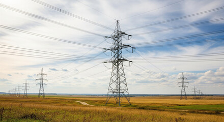 Power Transmission Lines Crossing a Rural Field
This photograph captures the imposing presence of high-voltage power transmission towers and their complex network of lines stretching across a vast