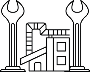 A black and white drawing of a building with a wrench