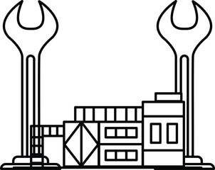A black and white drawing of a factory with a large wrench on top of it