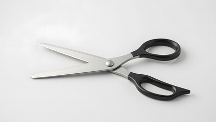 Pair of scissors with black handle isolated on grey background. Detailed and clean stock image for office, school, and stationery use.