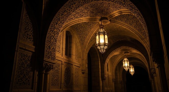 Elegant Ornate Archway with Hanging Lanterns in Warm Light Traditional Interior