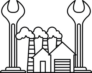 A black and white drawing of a factory with a house and a garage