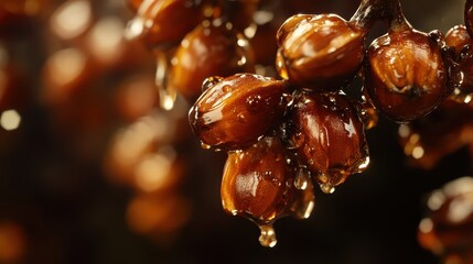 Close-Up of Glossy Brown Seed Pods with Droplets on Dark Background