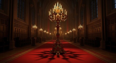 Luxurious Historic Hall with Ornate Chandelier and Red Carpet in Gothic Style