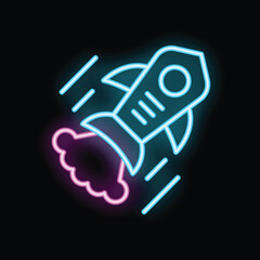 Neon sign of a rocket ship launching upward leaving a pink smoke trail