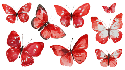 Watercolor red butterflies on transparent background
