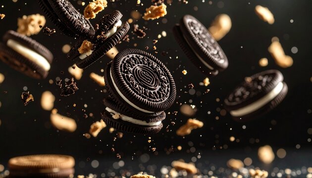 oreo biscuit and crunch floating in the air