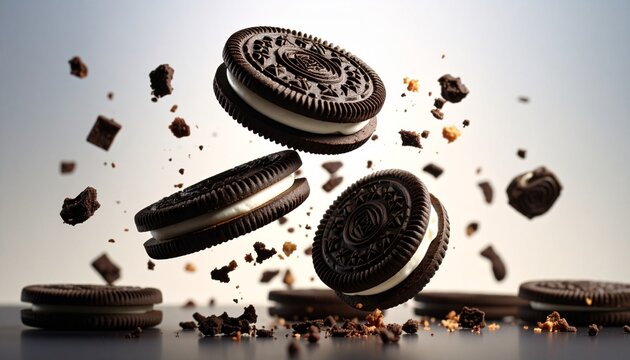 oreo biscuit and crunch floating in the air