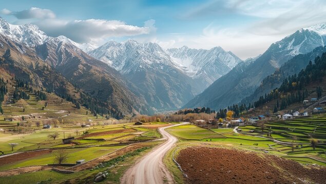 Panoramic view of a winding mountain road passing through a valley with agricultural fields and snow-capped mountains in the background, under a partly cloudy sky