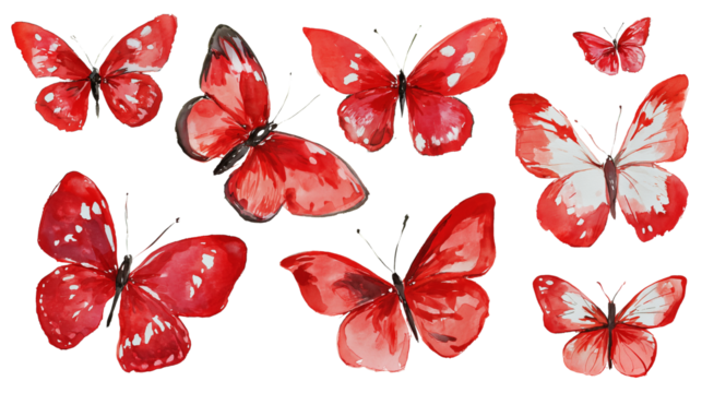 Watercolor red butterflies on transparent background