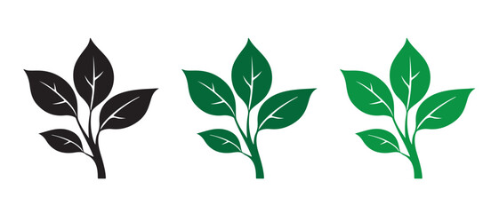 branches with leaves in black, green and light green isolated on white background.