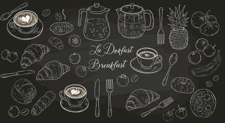 Chalkboard Style Breakfast Still Life Featuring Coffee, Pastries and Fresh Fruit