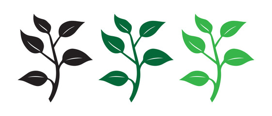 branches with leaves in black, green and light green isolated on white background.