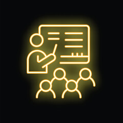 Teacher explaining lesson to students in classroom neon sign style icon