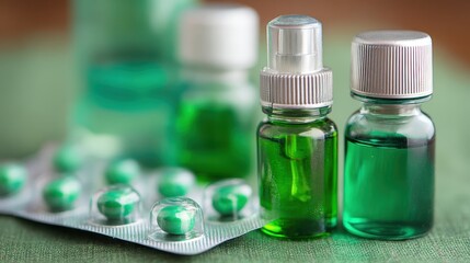Close-Up of Green Medicine Bottles and Pills on Table Surface