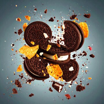 oreo biscuit and crunch floating in the air