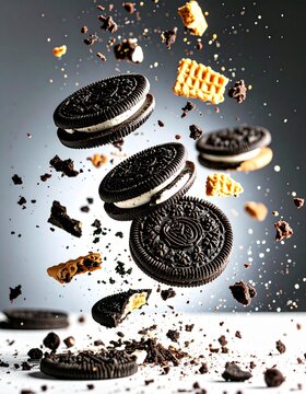 oreo biscuit and crunch floating in the air