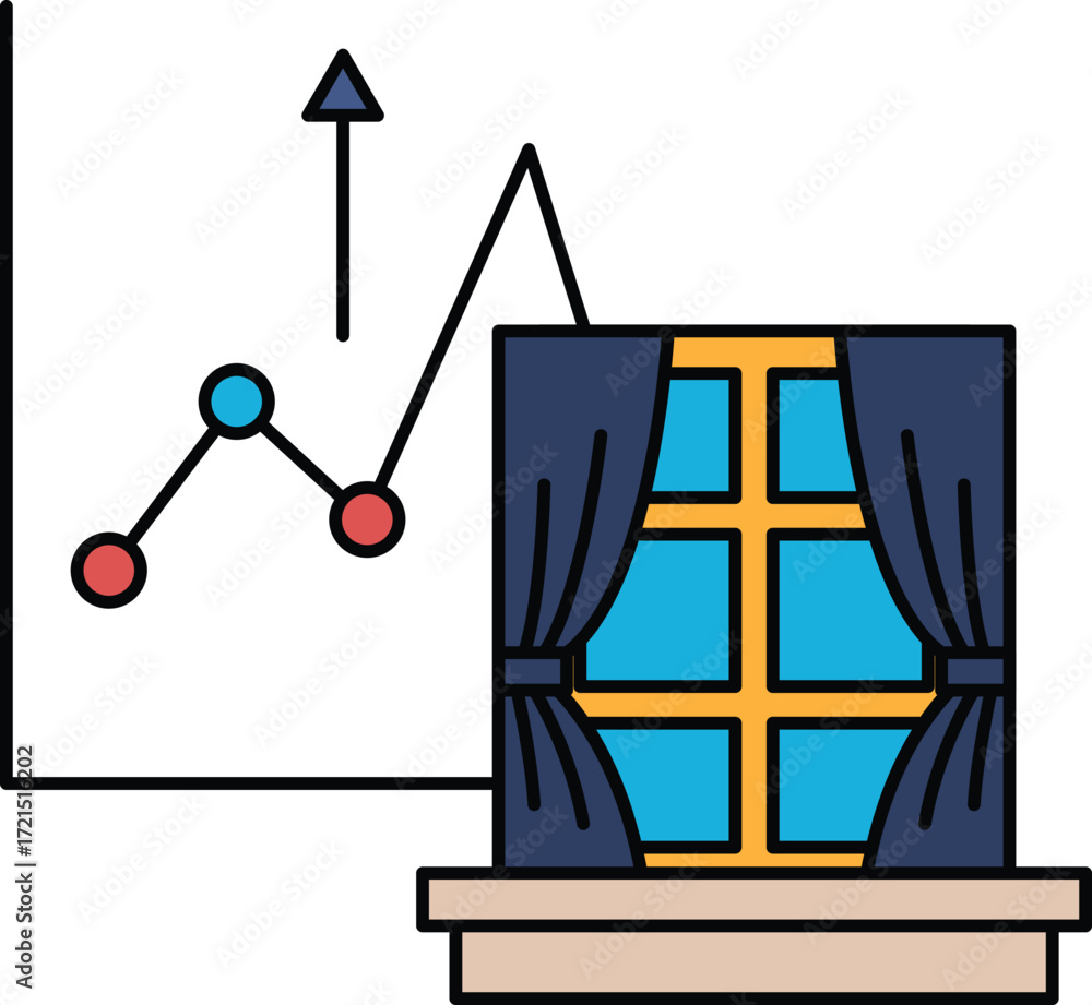 Poster a graph is shown with a line going up and a window with curtains