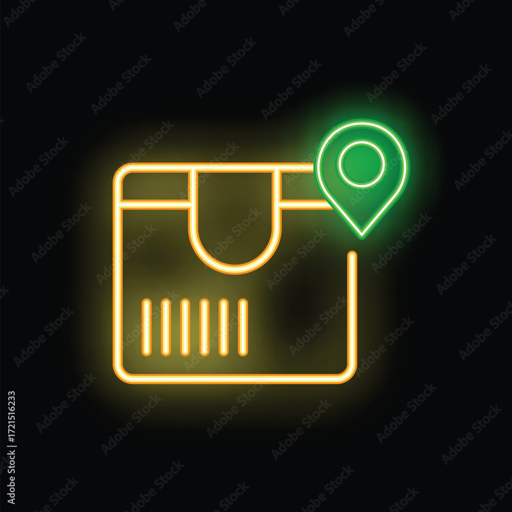 Poster neon glowing location pin over a package showing the location of a delivery in this colorful illustr