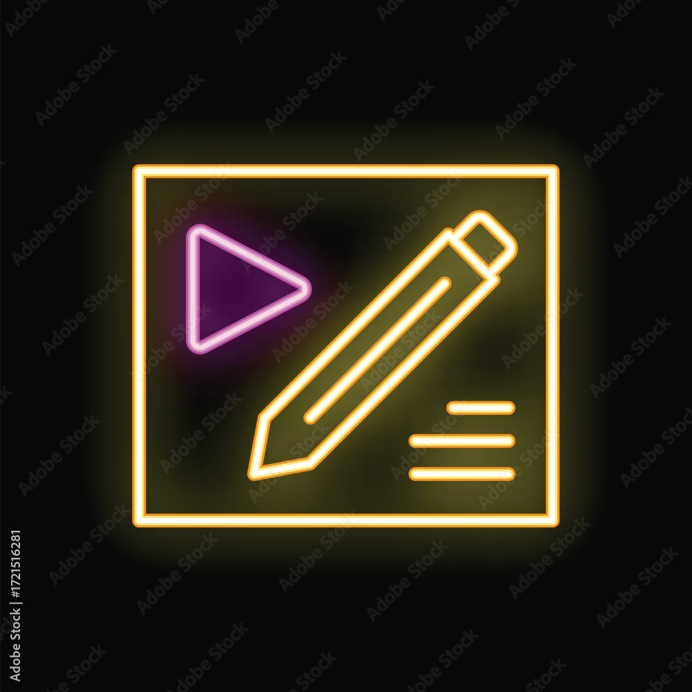 Poster neon sign representing the concept of content creation with a pencil taking notes and a play button