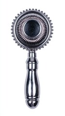 Fototapeta premium Close up of a silver hand mirror with a circular, ornate frame and a polished handle against a white background.