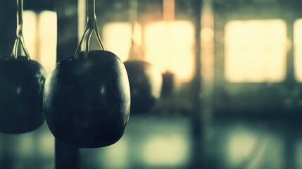 Close-up of Hanging Punching Bags in an Empty Gym with Soft Light
