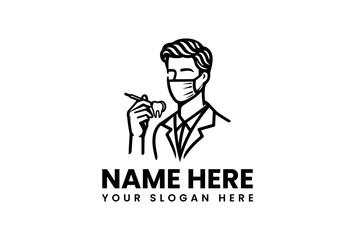 Stylized Dentist with Mask Holding Tooth and Dental Instrument in Black Outline.