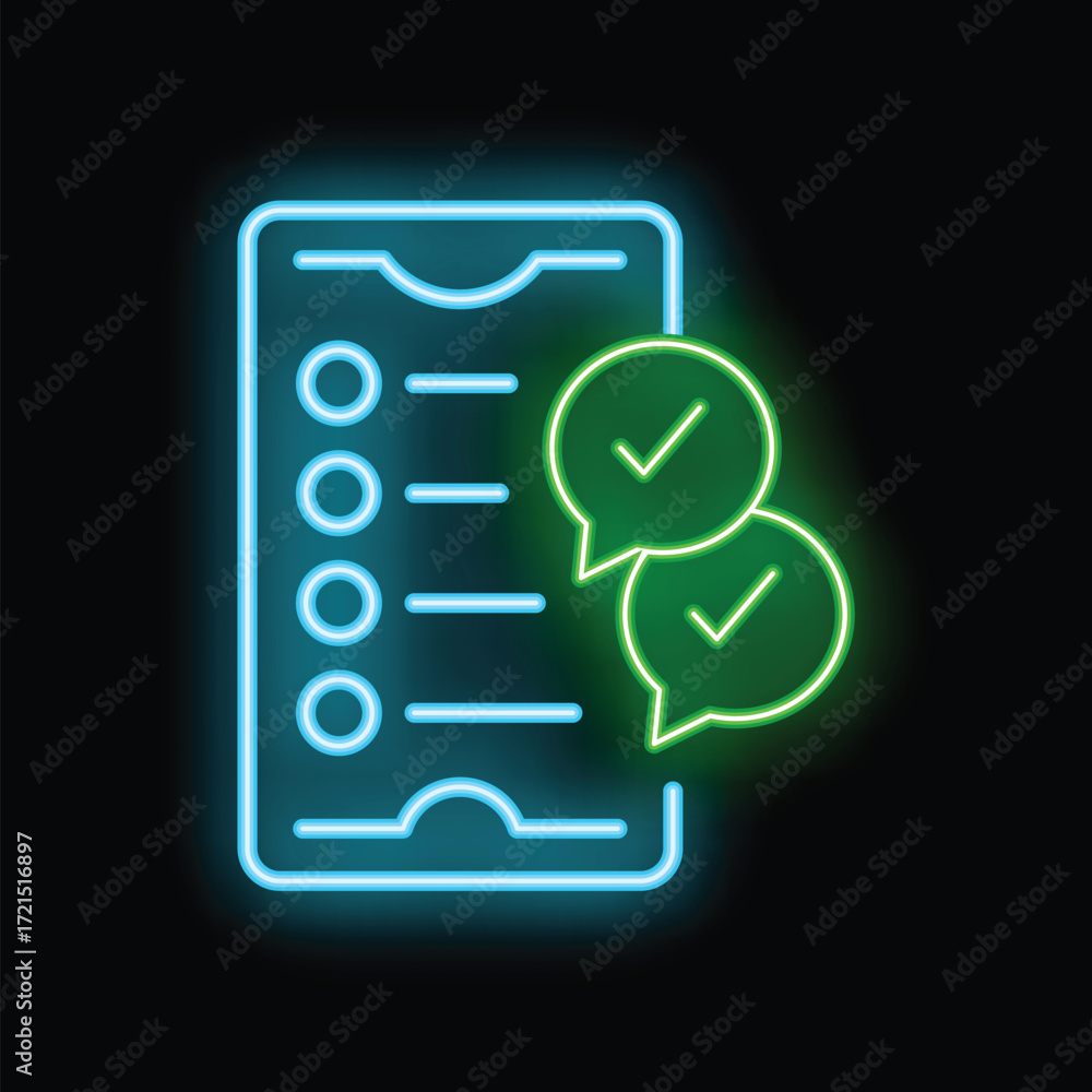 Aufkleber glowing neon icon representing a smartphone with a checklist and notifications indicating completed 