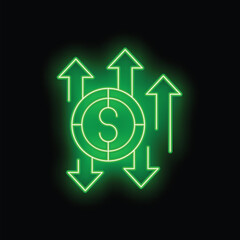 Green neon dollar sign with some arrows pointing up and some pointing down, suggesting market volatility