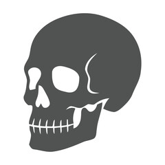 A gray skull with white eye sockets and teeth on a white background in a simple graphic style